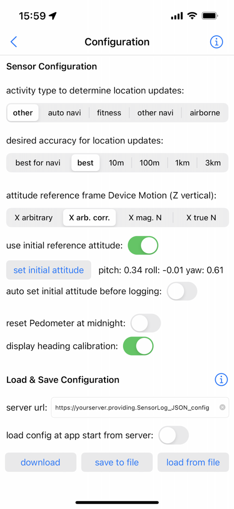 SensorLog - Configuration interface of SensorLog app showing sensor accuracy and data storage options