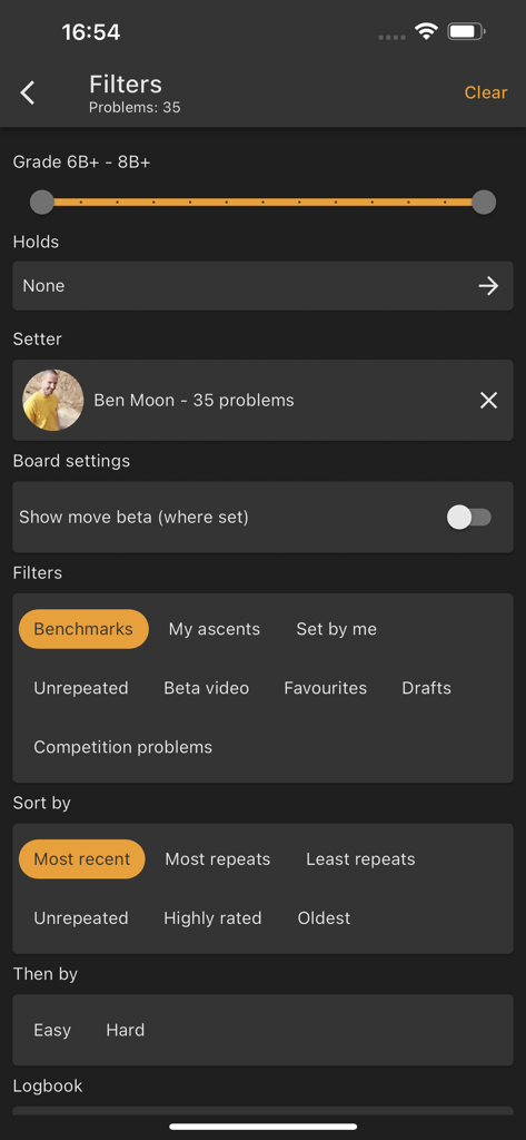 Moon Board - Moon Board app interface showing filters for climbing grades and problem types