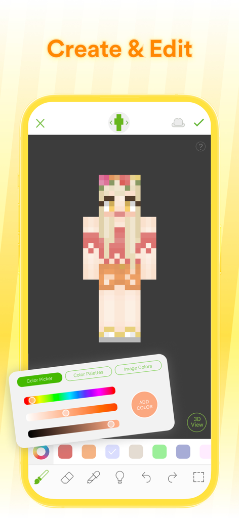Interface of the Skinseed app showing the creation and editing of a Minecraft character skin with a color picker tool.