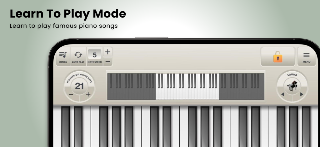 Interfaccia dell'app Tastiera Pianoforte Virtuale che mostra la modalità "Impara a suonare" per esercitarsi con canzoni famose