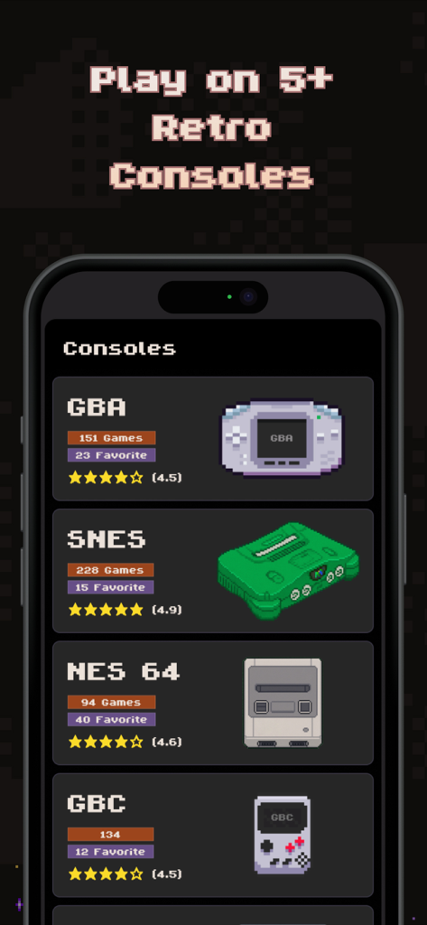 Bitboy app screen showing a list of supported retro consoles including GBA, SNES, NES 64, and GBC with pixel art icons.