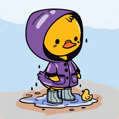 baby duck in a rain coat and boots, in a puddle while it’s raining