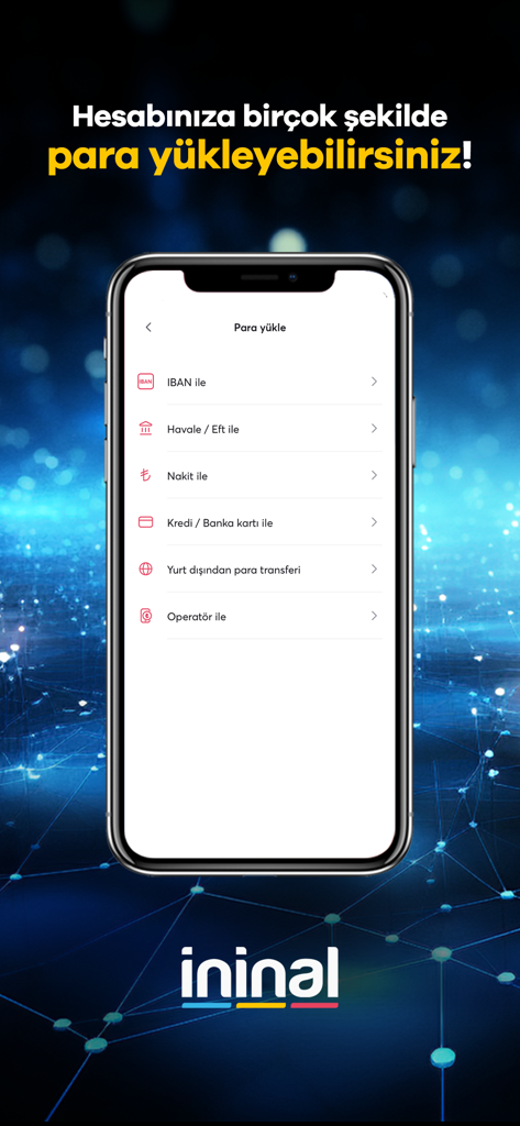 ininal - 국제 송금 및 은행 카드를 포함하여 돈을 충전하는 다양한 방법을 보여주는 ininal 앱 화면