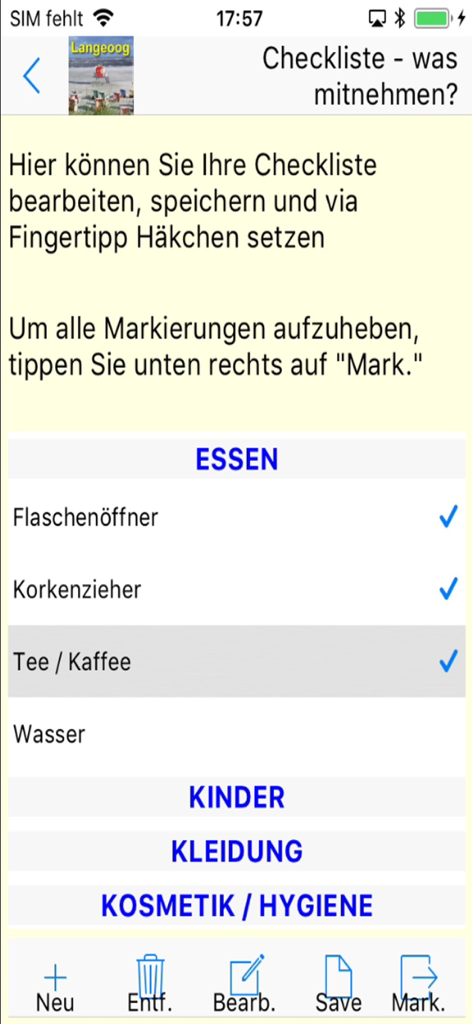 Langeoog App für den Urlaub - A digital packing checklist in the Langeoog vacation app showing categories for food and clothing with checkmarks