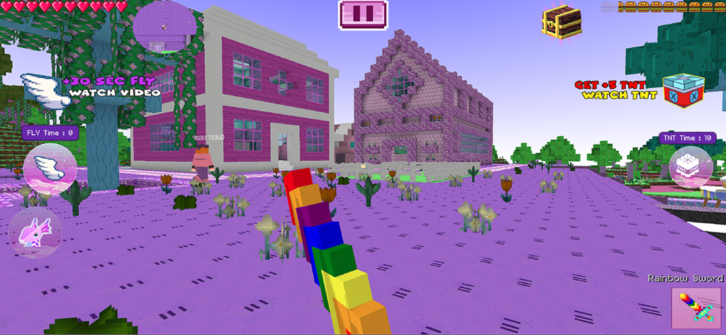 Kawaii Planet Craft - Vista en primera persona de un mundo de bloques rosa en Kawaii Planet Craft con una espada de arcoíris y edificios pastel.