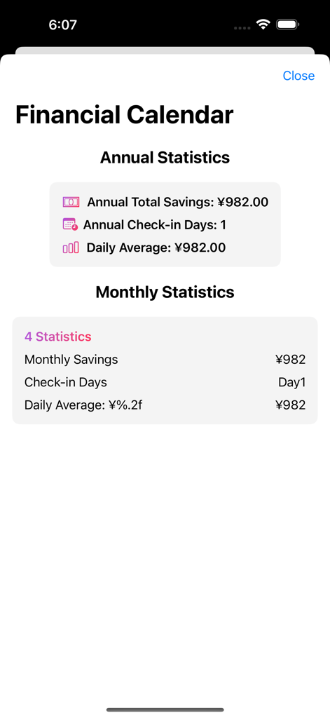 365-Day Savings - Painel de calendário financeiro exibindo estatísticas anuais e mensais de economia e histórico de check-in.
