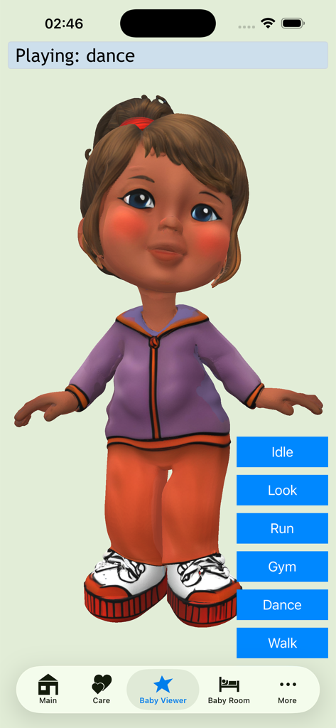 Baby Adopter Holidays - 3D baby girl character dancing in the Baby Viewer screen of the Baby Adopter Holidays app