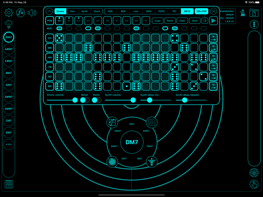 Touchscaper drum sequencer and chord radar interface