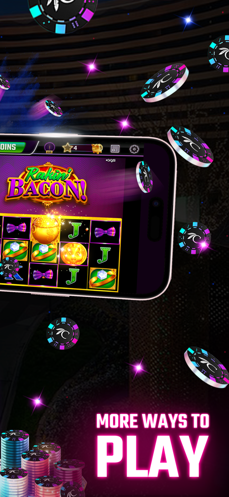 Choctaw Slots - Casino Games - Smartphone affichant le jeu de machine à sous Rakin Bacon dans l'application mobile Choctaw Slots