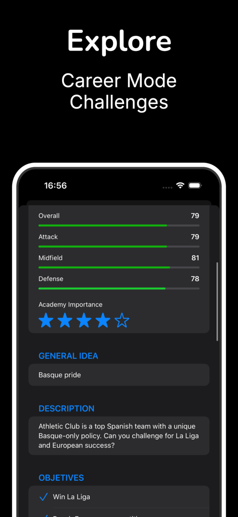 Career Mode Database - Mobile app screen showing soccer career mode challenges with team statistics and management objectives