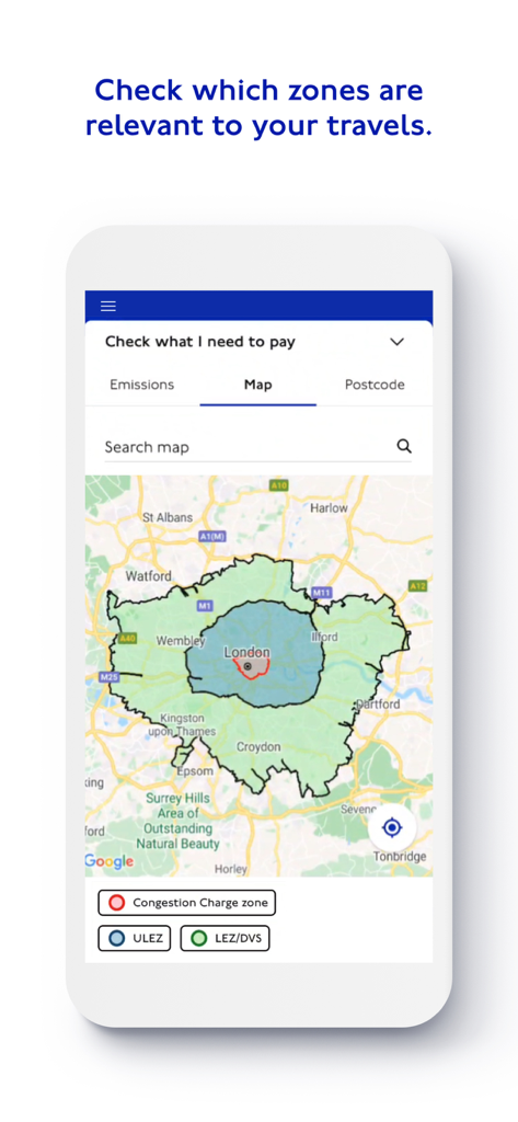 Karte der Londoner Gebührenzonen, einschließlich ULEZ und Citymaut, in der TfL App.