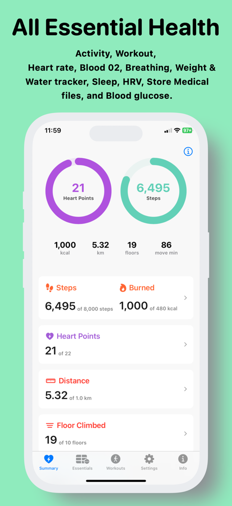 Vital Signs: My FitWidget - Vital Signs app dashboard showing heart points and daily activity steps.