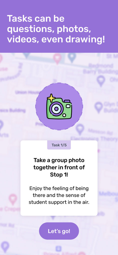 Deckle: Event games - Deckle app screenshot showing a group photo task for a scavenger hunt event game.