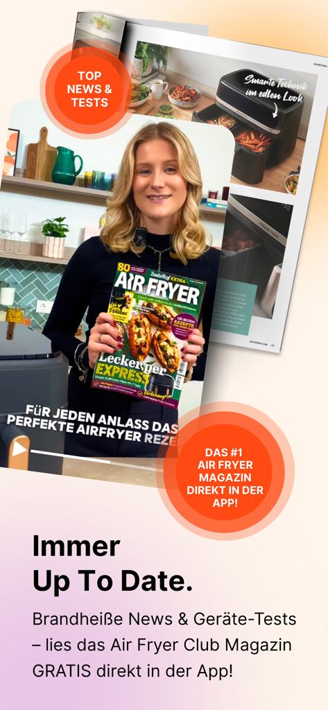 エアフライヤークラブマガジンの特集、ニュース、アプライアンスのテストを紹介する女性