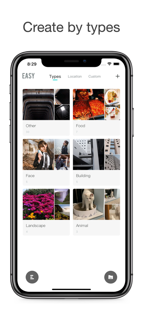 EASY - AI Photo Organizer - EASY AI Photo Organizerのインターフェース。食べ物、顔、風景などのアルバムに自動分類された写真が表示されています。