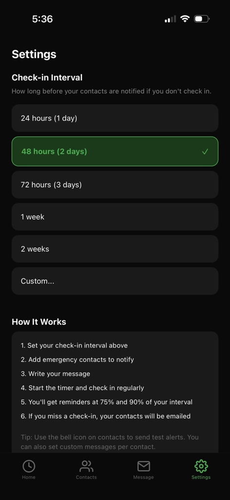 Are You Dead? Deadman Switch - Settings screen of the Are You Dead app showing check-in interval options and a how it works guide
