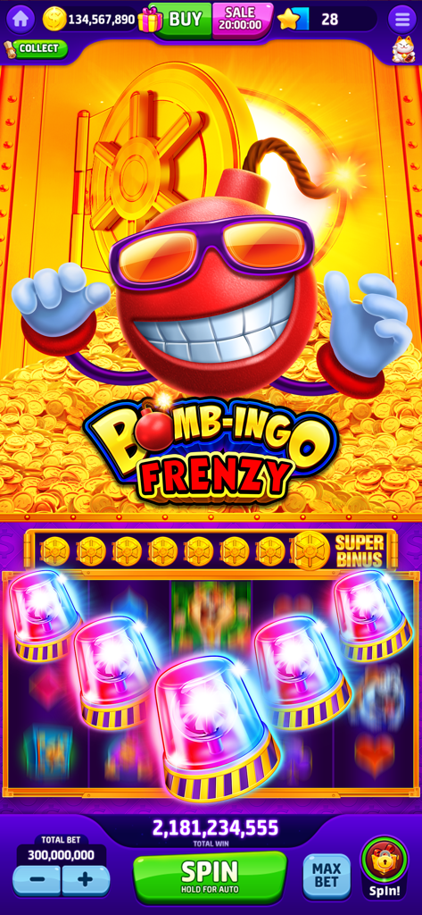 Cash Mania: Vegas Slots Casino - Pantalla del juego Cash Mania Vegas Slots Bomb-ingo Frenzy con un personaje de bomba sonriente y símbolos de sirena de neón en los rodillos de la máquina tragamonedas.