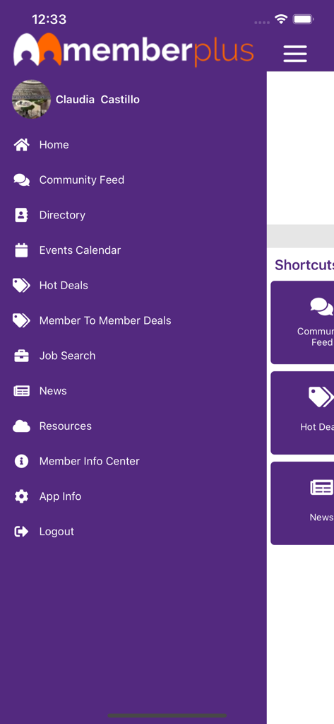 MemberPlus - Seiten-Navigationsmenü der MemberPlus-App mit Geschäfts- und Community-Funktionen.