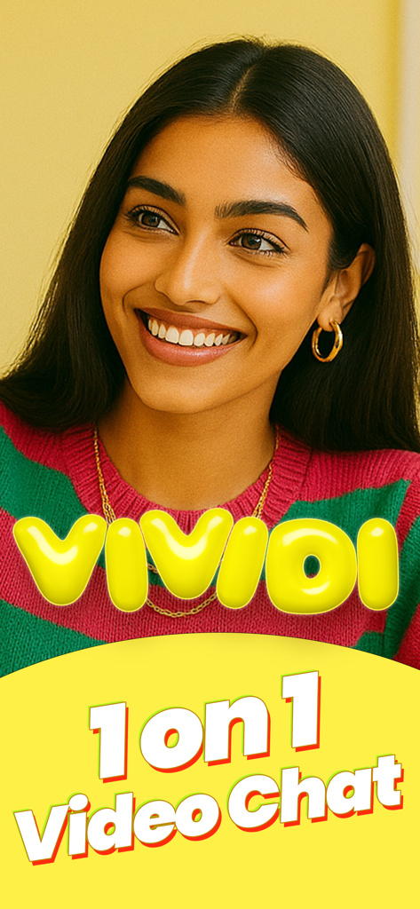 Una giovane donna sorridente sulla schermata di avvio dell'app di chat video 1 su 1 Vividi