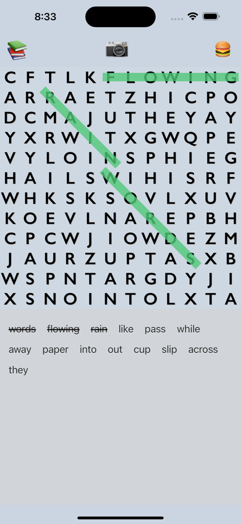 Find the words - A word search grid in the Find the words app with the word flowing highlighted in green.