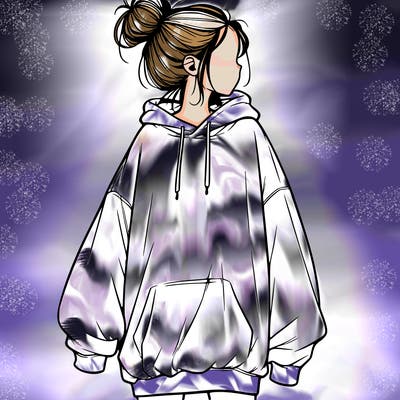 realistic girl with a oversized sweatshirt on and a bun