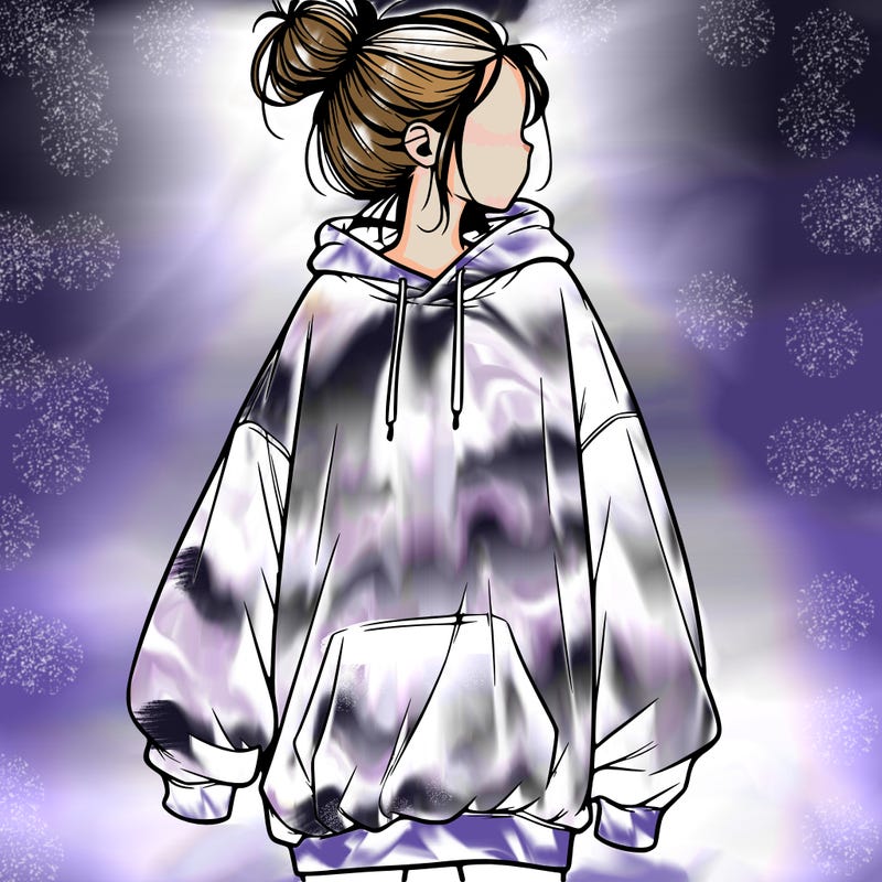 realistic girl with a oversized sweatshirt on and a bun