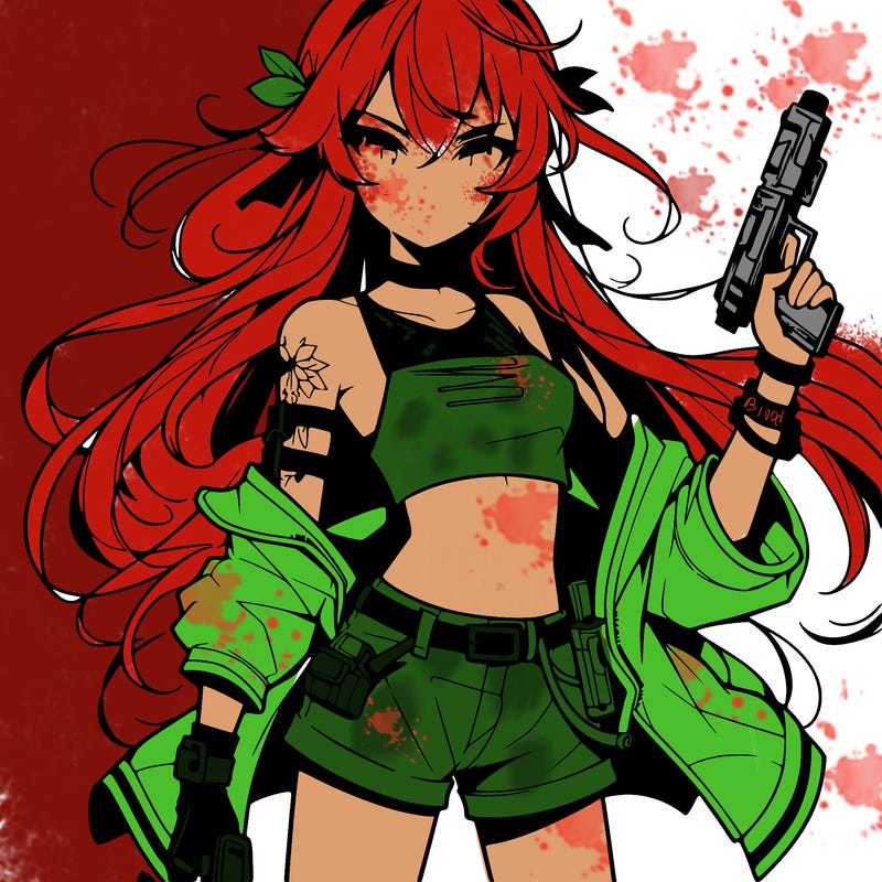 bad girl wearing crop top holding a gun long hair anime