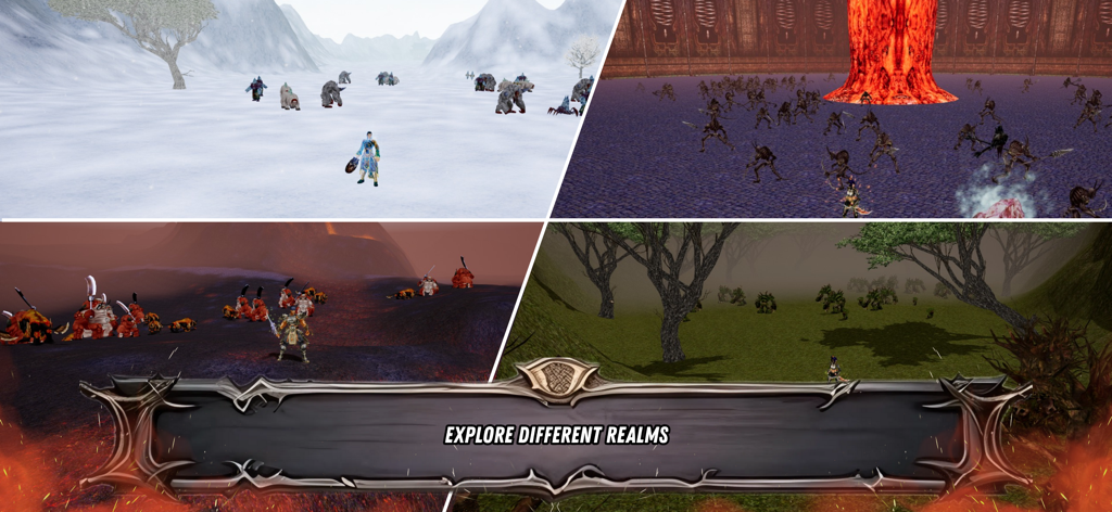 Mobile2 Online - A collage showing four different fantasy environments and landscapes in the Mobile2 Online mobile game