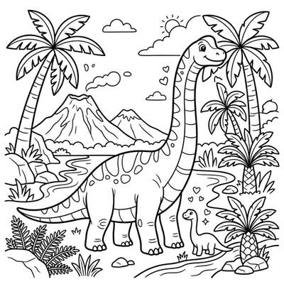 Step into a primeval paradise with this delightful Brachiosaurus habitat coloring page, designed especially for young dinosaur enthusiasts. Discover a friendly Brachiosaurus family amidst lush palm trees, towering volcanoes, and winding rivers.