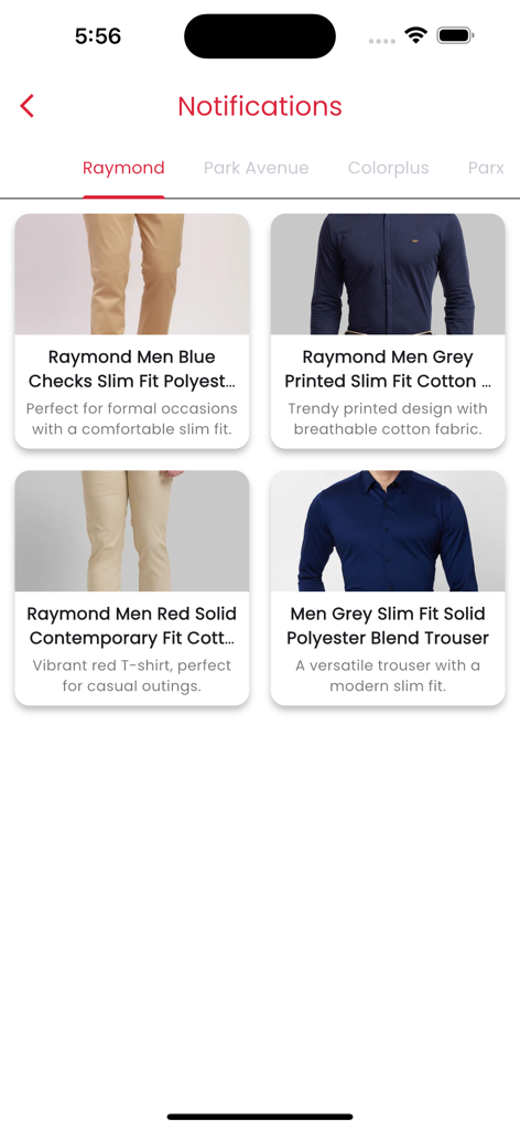 A screen from the Raymond Rewards app displaying fashion notifications and men's apparel recommendations.