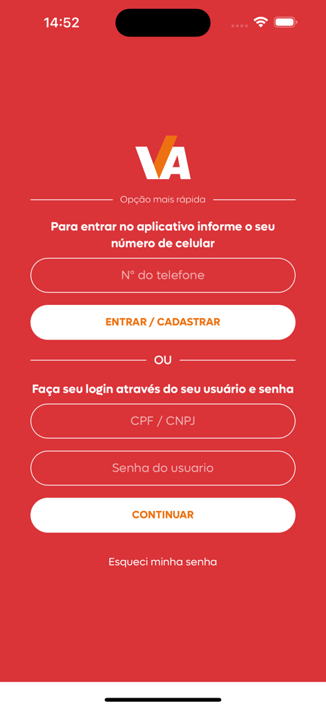Vantajão Atacado - The login and registration screen for the Vantajao Atacado app displaying fields for phone number or CPF and password over a red background.