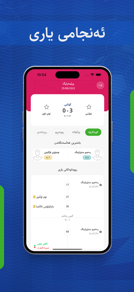 Yariga app interface showing soccer match results with player performance ratings and a timeline of game events