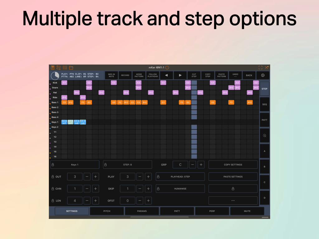 mKer - mKer app interface showing multiple MIDI tracks and step sequencer options on iPad