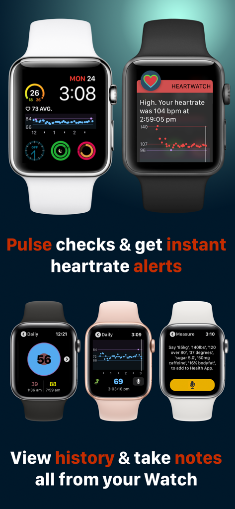HeartWatch app on Apple Watch displaying heart rate alerts, pulse checks, and health history tracking.