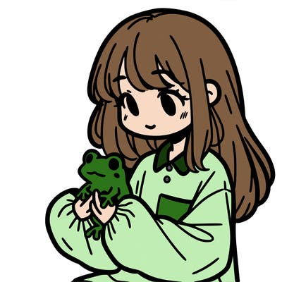 girl with long hair and a oversized shirt. and she is holding a frog