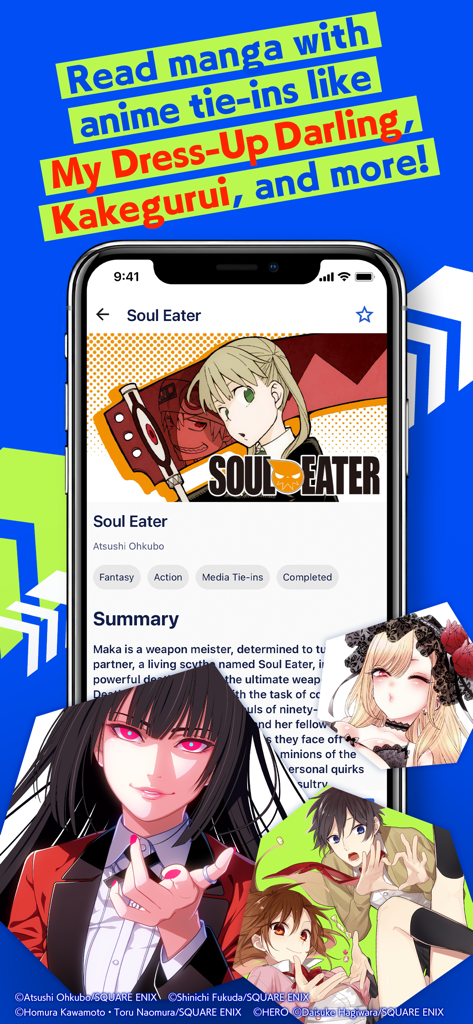 Manga UP! - Soul Eater 만화 페이지와 다양한 인기 애니메이션 캐릭터를 보여주는 Manga UP! 앱 프로모션 화면