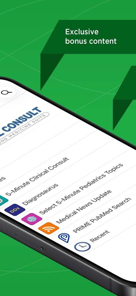 5 Minute Clinical Consult - Pantalla de teléfono inteligente que muestra el menú de la aplicación 5 Minute Clinical Consult con contenido médico adicional exclusivo.
