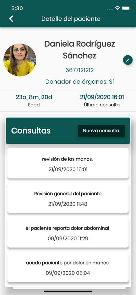 Perfil del paciente y vista del historial de consultas en Salutis Medical Software