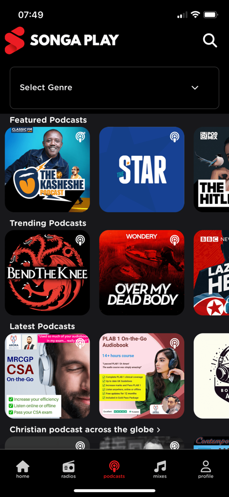 Songa Play - Songa Play app interface showing featured and trending podcast categories on a dark background
