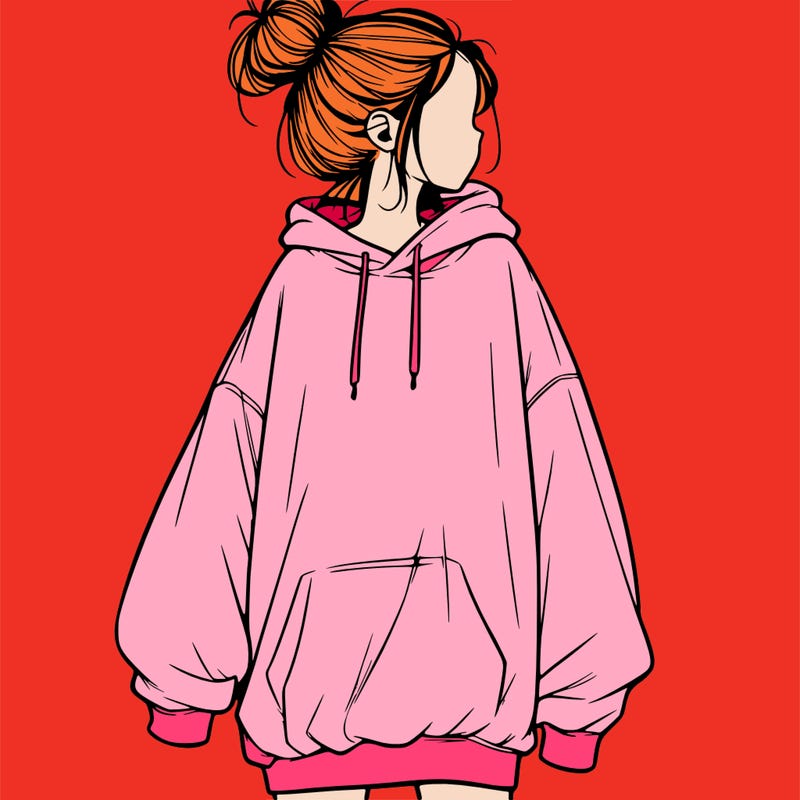 realistic girl with a oversized sweatshirt on and a bun