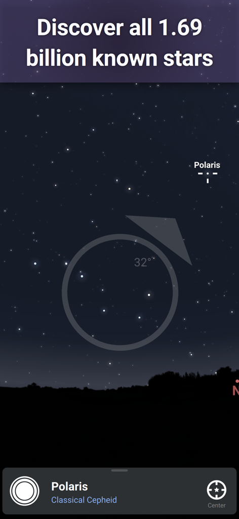 Stellarium Mobile - Star Map - Interfaccia dell'app Stellarium Mobile che identifica la stella Polare nel cielo notturno