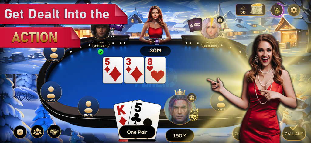 LaLa Poker - Pantalla de juego de LaLa Poker que muestra una mesa de Texas Hold'em con avatares de jugadores y símbolos de estatus VIP