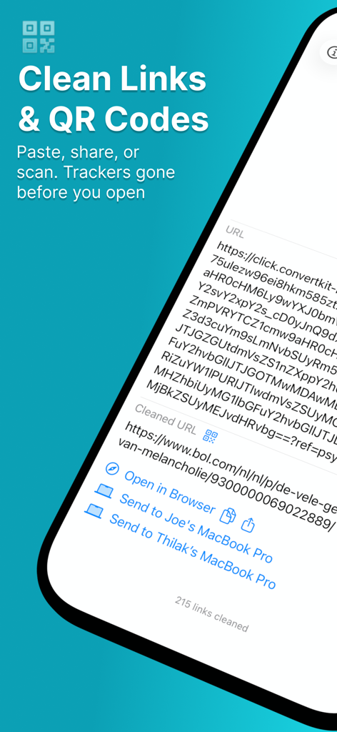 Clean Links - QR Code Reader - Clean Links app interface for cleaning URLs and sharing links to Mac