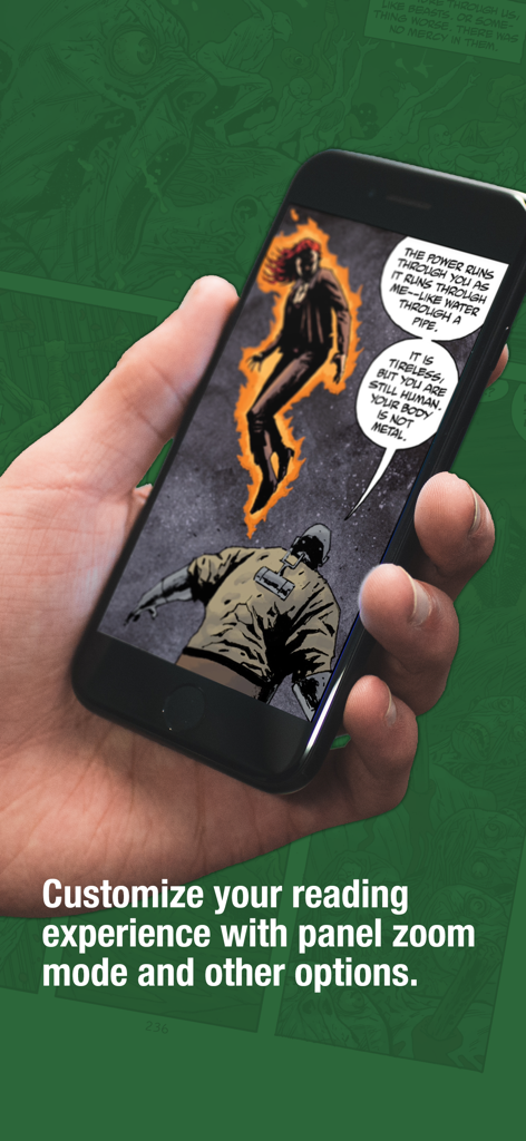 A person using panel zoom mode to read a comic on an iPhone
