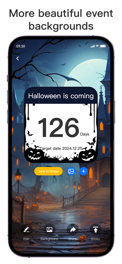 Countdown：Widget & Day Counter - Aesthetic Halloween countdown widget with a spooky haunted house background on a smartphone screen.