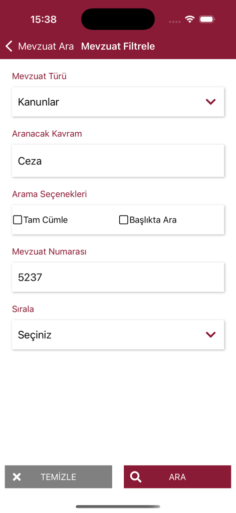 UYAP Mevzuat - UYAP Mevzuatアプリのトルコ法規検索・フィルタリング画面。法律の種類、検索語、法規番号のフィールドを表示