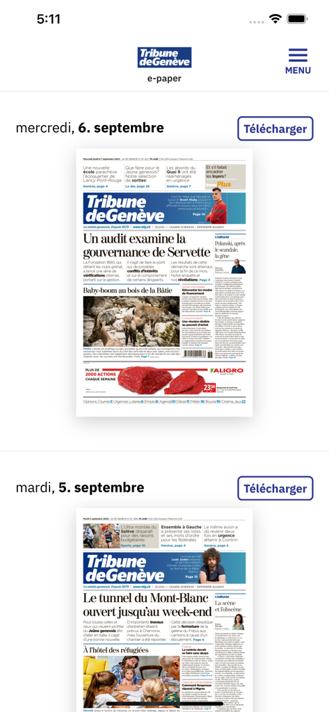 Der Kiosk der mobilen App Tribune de Genève zeigt aktuelle Tageszeitungsausgaben zum Download an