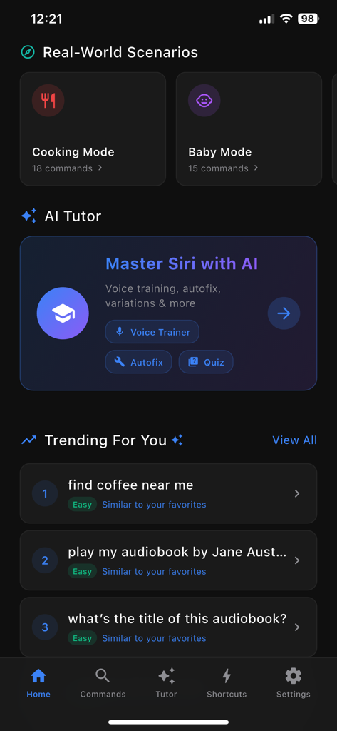 App For Siri Commands Tips - La pantalla de inicio de la aplicación Siri Commands Tips que muestra escenarios del mundo real, funciones de tutor de IA y comandos de voz de tendencia
