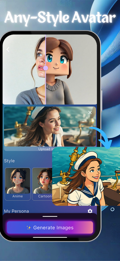 Aethia AI Photo & Video Editor - Interface do aplicativo Aethia AI demonstrando conversão de foto para avatar em estilos de anime e desenho animado