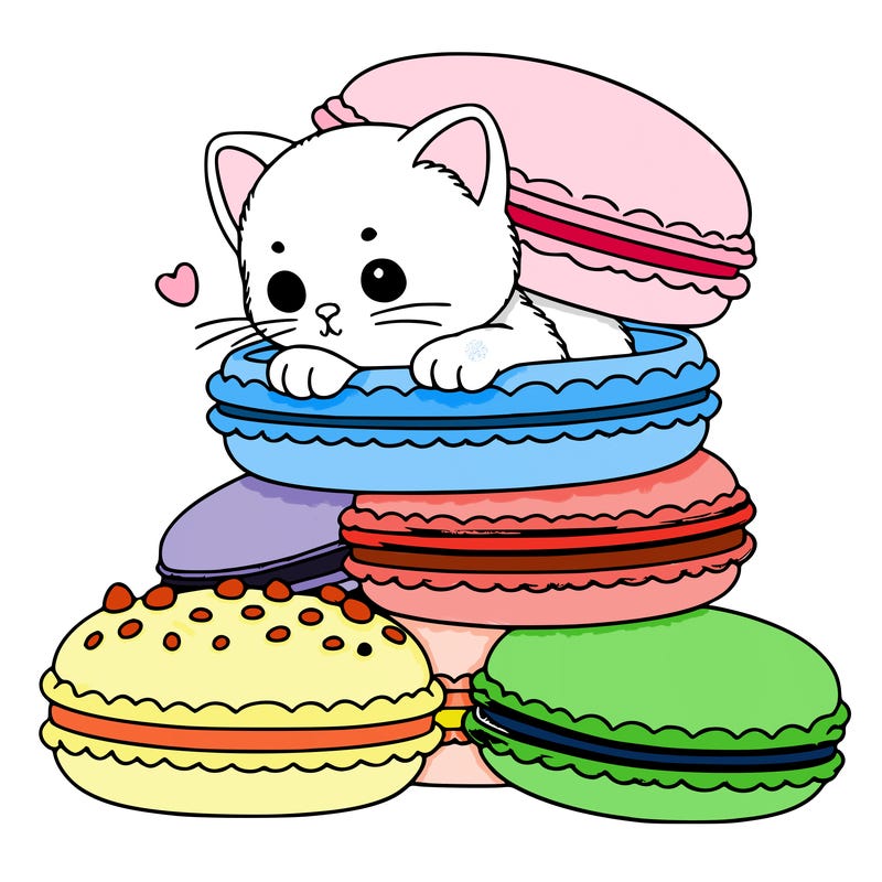 a kitten popping out of a stack of pastel macarons